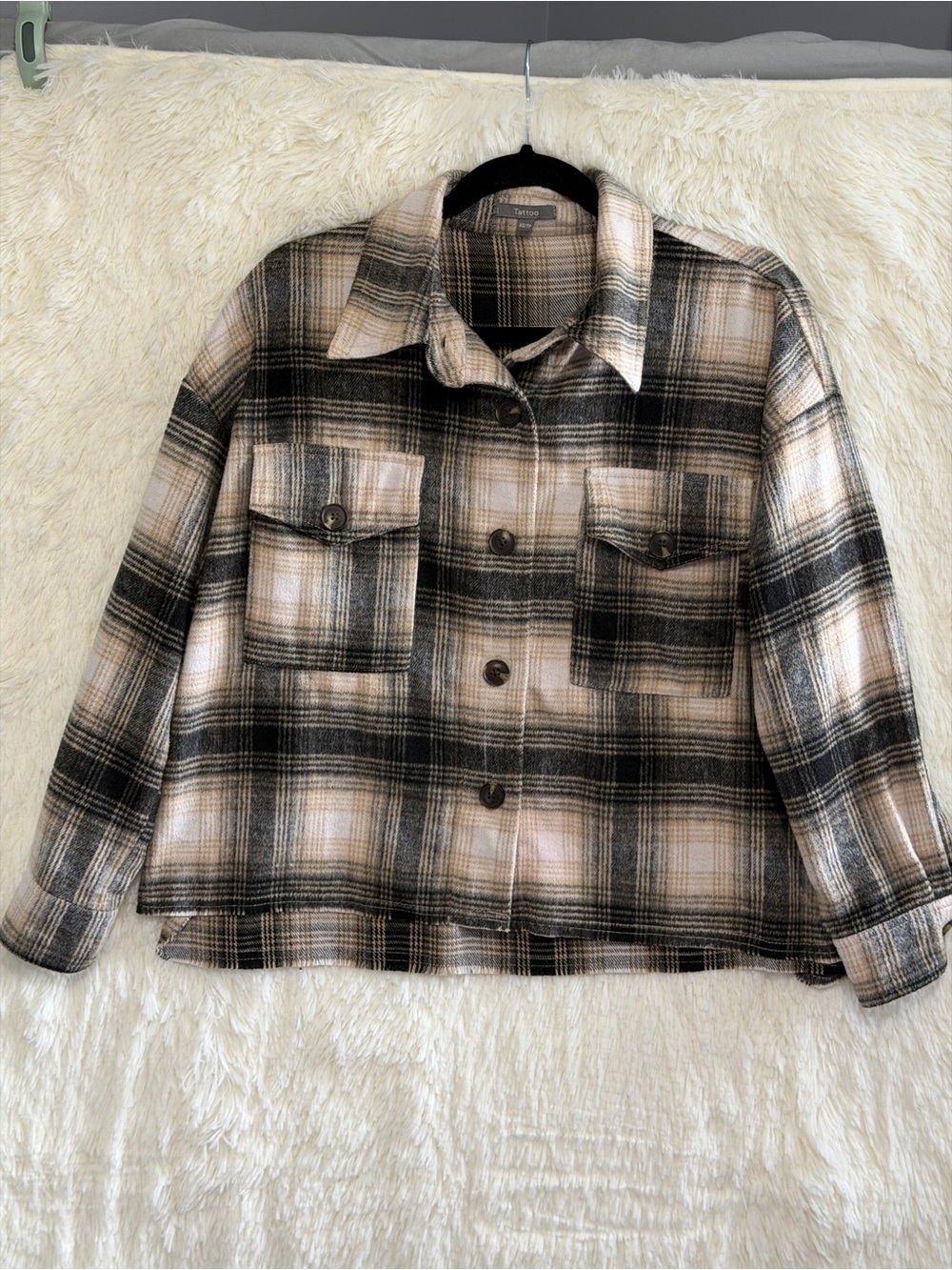 Tattoo Womens Plaid Cropped Shacket Size XS Neutral Streetwear Oversized Grunge